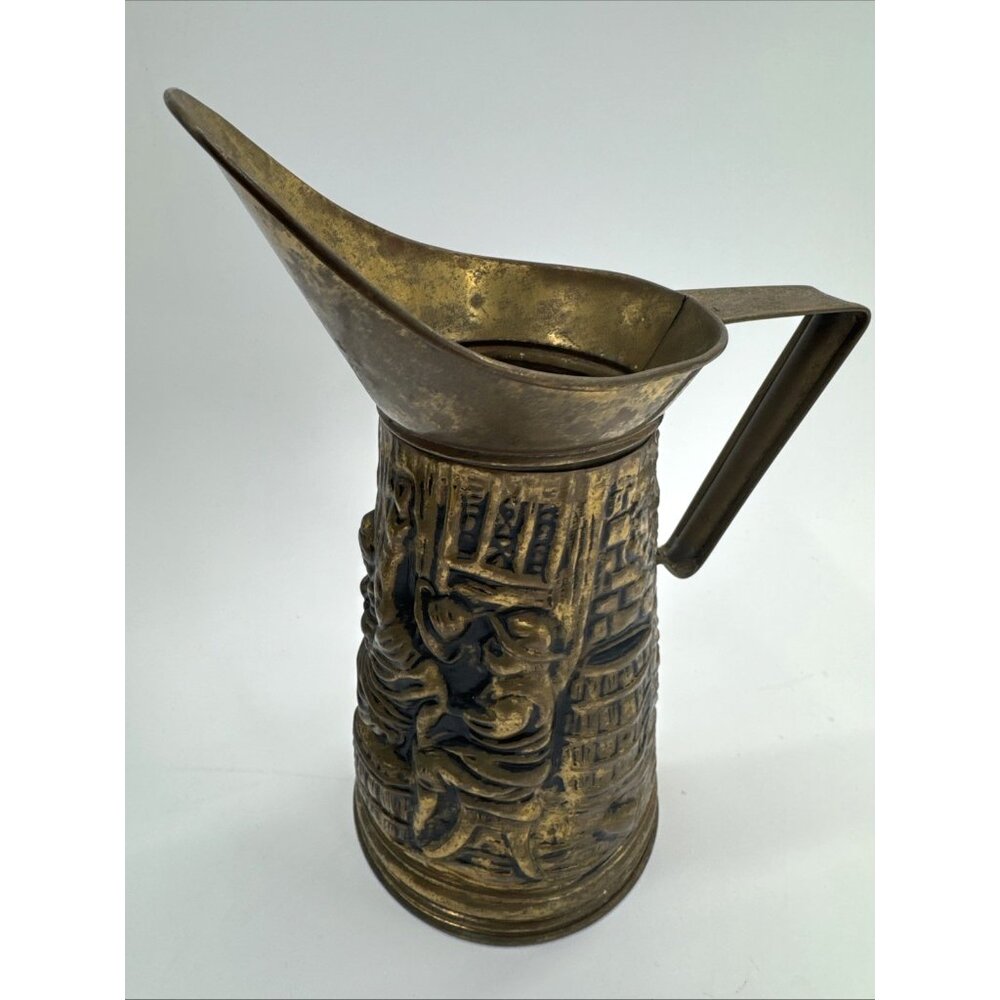 Vintage Brass Embossed Pub Scene Pitcher Jug Art Deco England 10" Estate Sale - Picture 2 of 14
